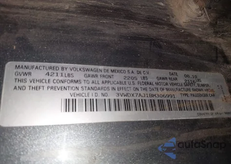 2011 Volkswagen Jetta 2.5L Se из США, поврежденный, VIN 3VWDX7AJ1BM306991